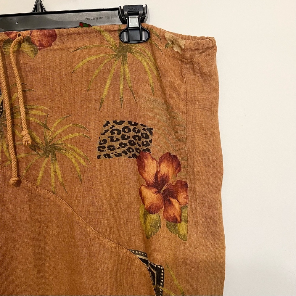 Women’s Tan Linen Skirt Palm Tree Leopard Flower Fringe Large Asymmetrical - Picture 3 of 9